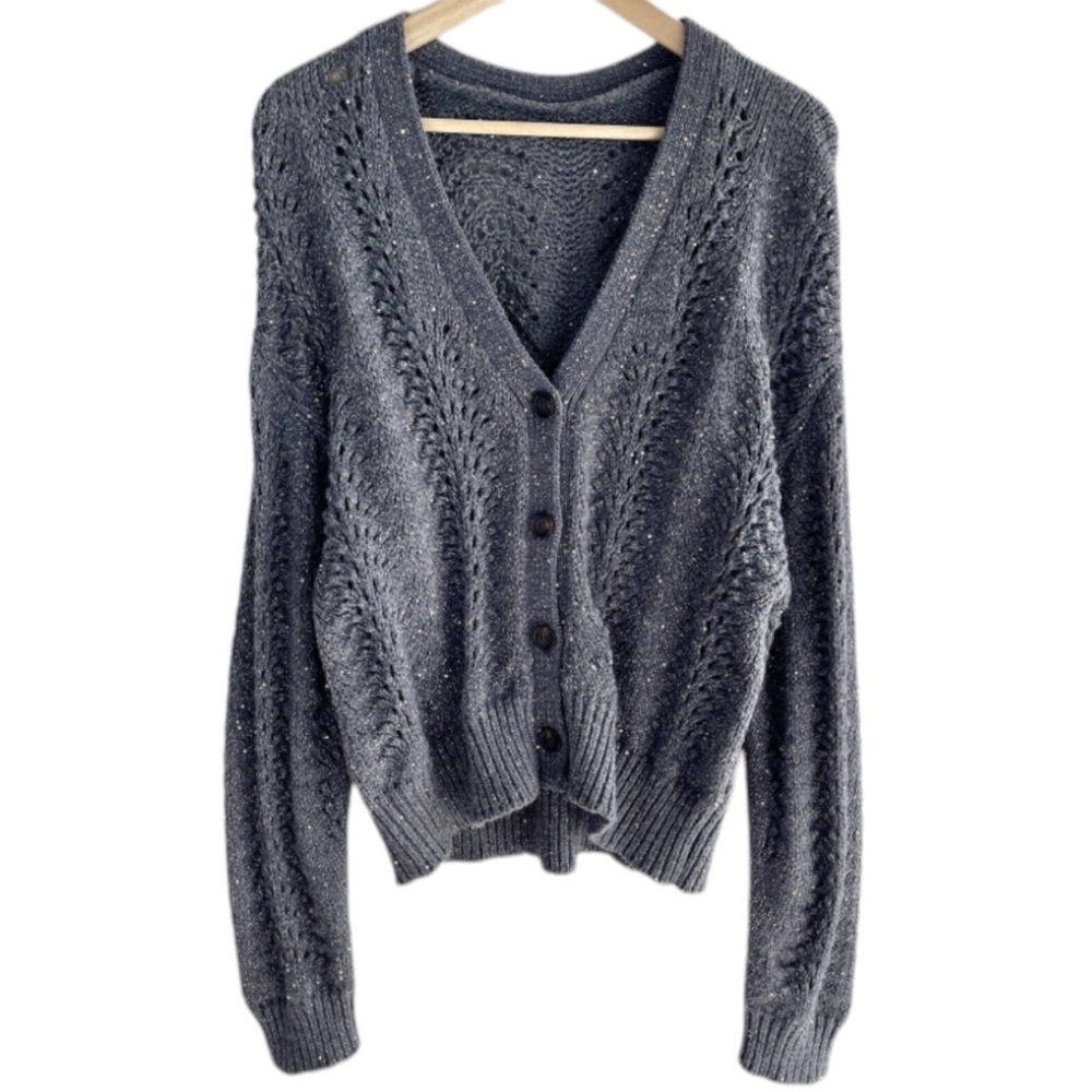 Wool Knit Cardigan Sweater Sequined V-Neck Button Up Size Large Gray Crochet